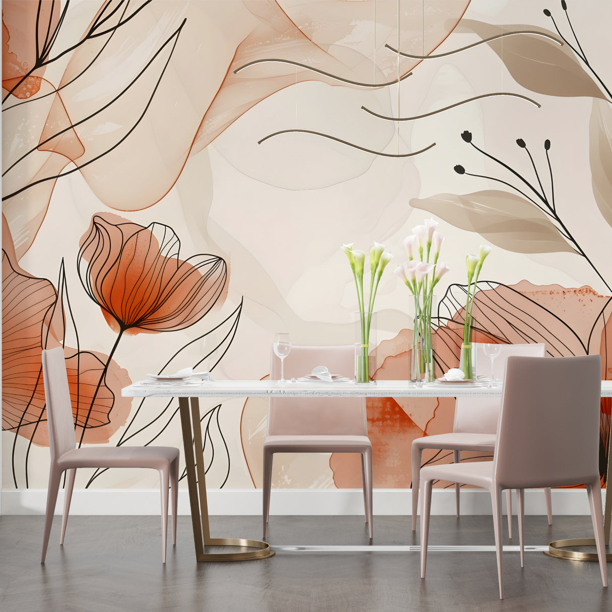 Terracotta line art floral mural creating a cozy atmosphere in a minimalist bedroom