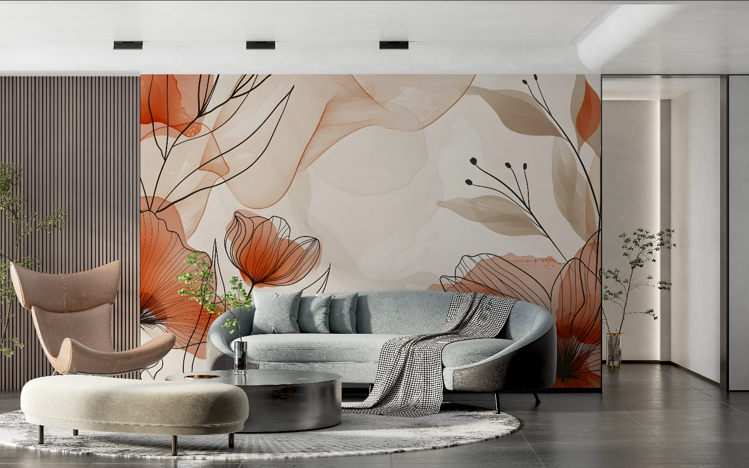 Botanical line art wallpaper making a statement in a modern living room setup
