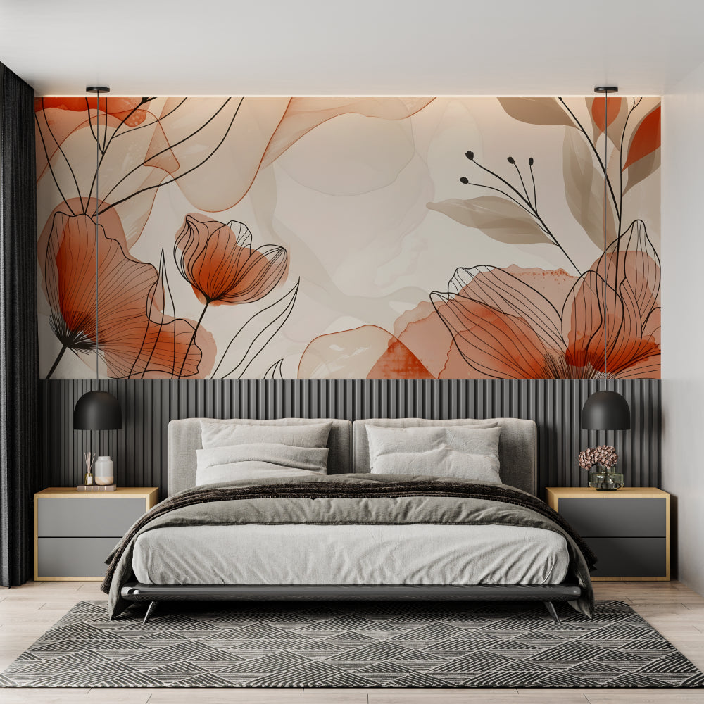 Artistic floral wall mural showcased in a home office with natural lighting