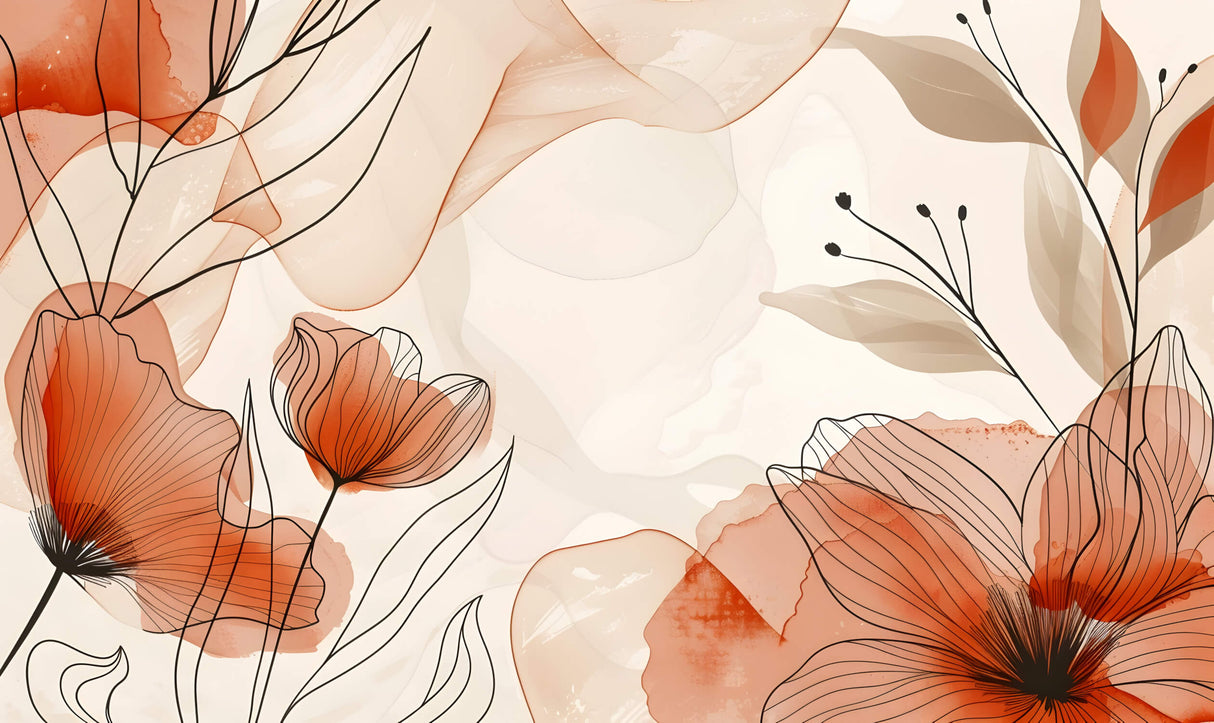 Terracotta floral line art wallpaper design file showing intricate botanical pattern and warm color tones
