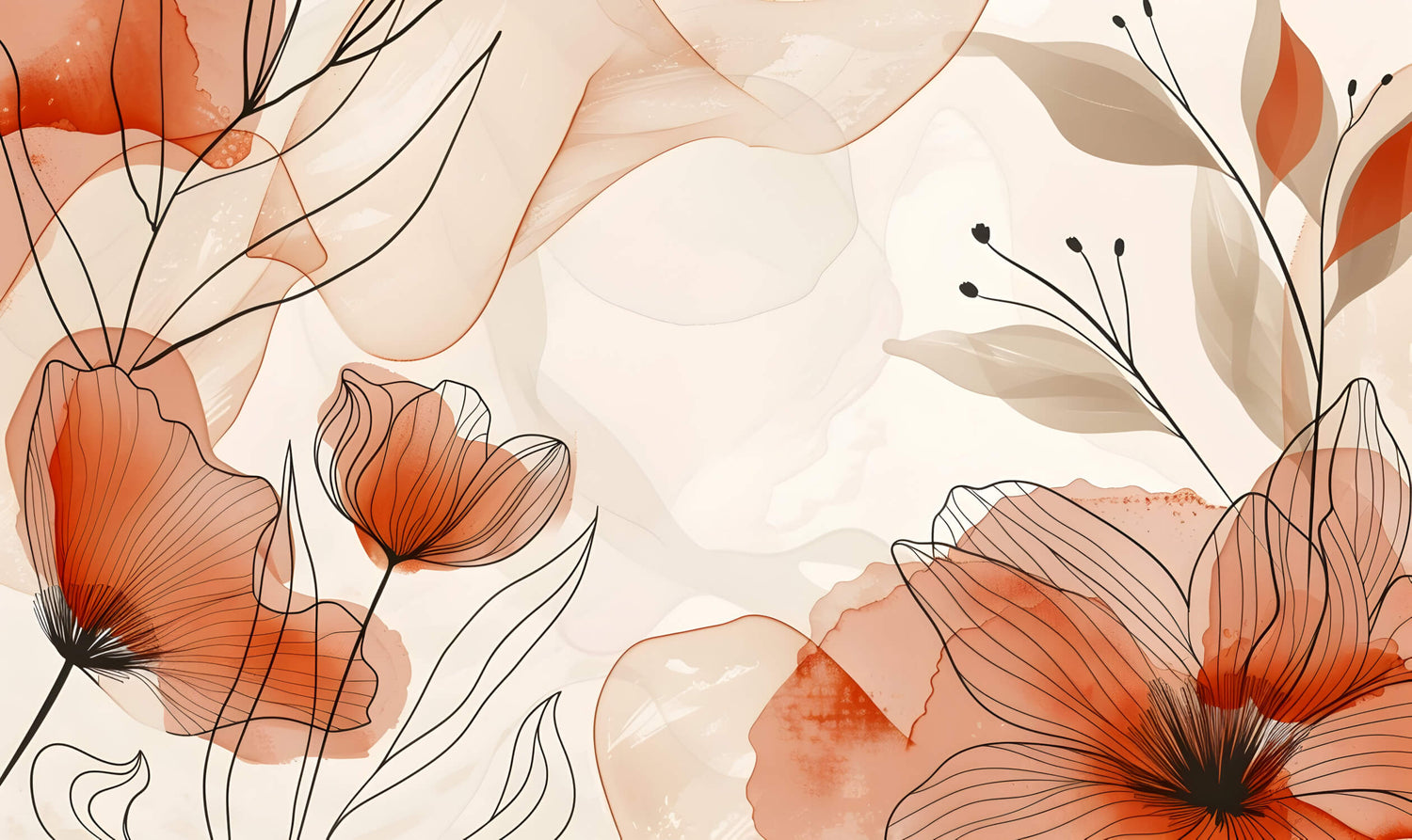 Terracotta floral line art wallpaper design file showing intricate botanical pattern and warm color tones