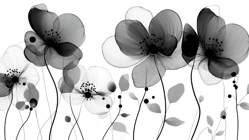 Black and white floral wallpaper design file showing detailed X-ray effect botanical pattern