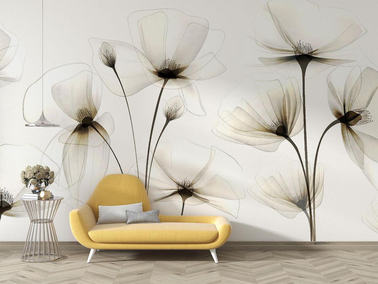 White floral wallpaper in bright modern living room showing translucent flower detail
