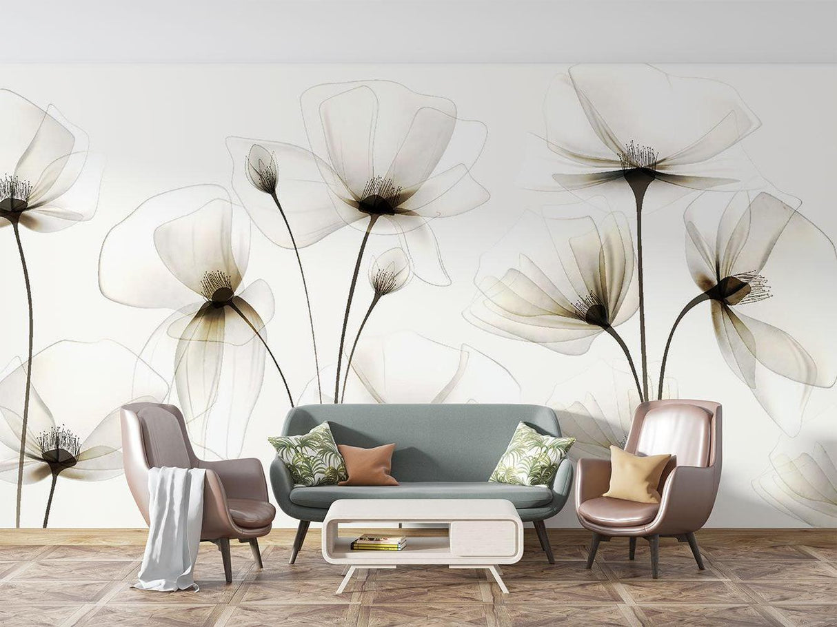 Elegant bedroom with white flower wall mural creating soft, airy atmosphere