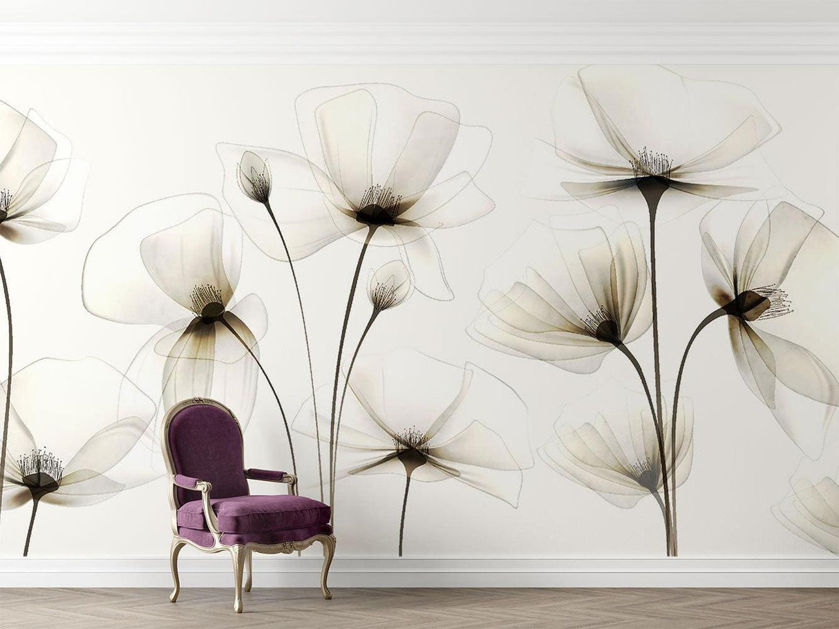 Home office featuring white floral mural wallpaper in natural lighting