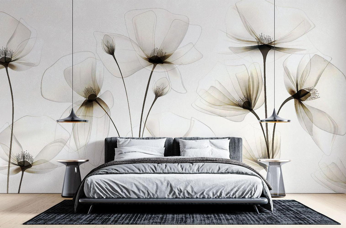 Dining room with white flower wall mural showing depth and movement