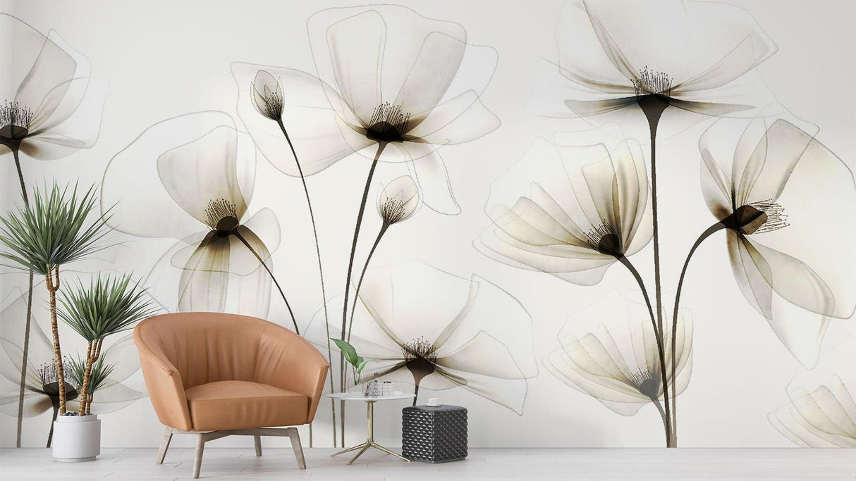 Bathroom transformed with white floral wallpaper creating spa-like feel