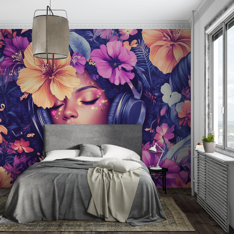 Tropical floral wallpaper with music theme brightening up a modern living room with purple and peach blooms