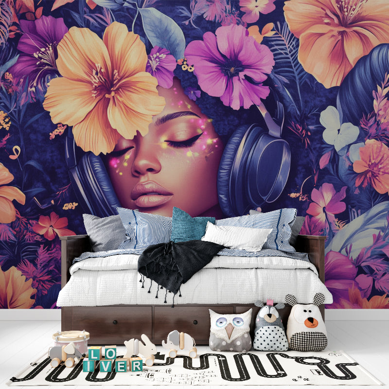 Music room featuring tropical floral wall mural with artistic elements and navy background