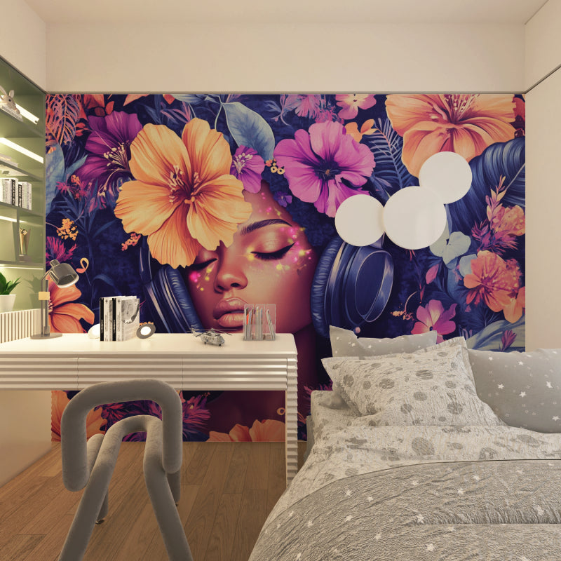 Bedroom showcase of floral music themed wallpaper creating a dreamy atmosphere
