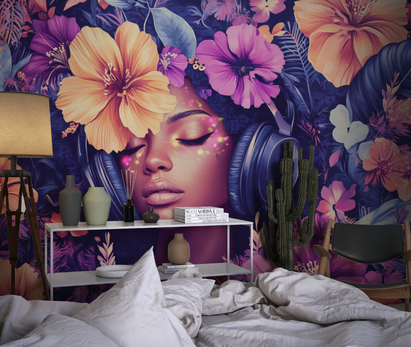 Home office space with tropical floral mural wallpaper adding creative inspiration