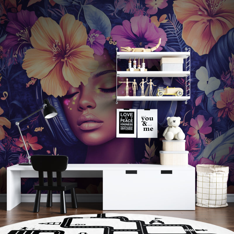 Studio space transformed with vibrant tropical floral and music note wallpaper design