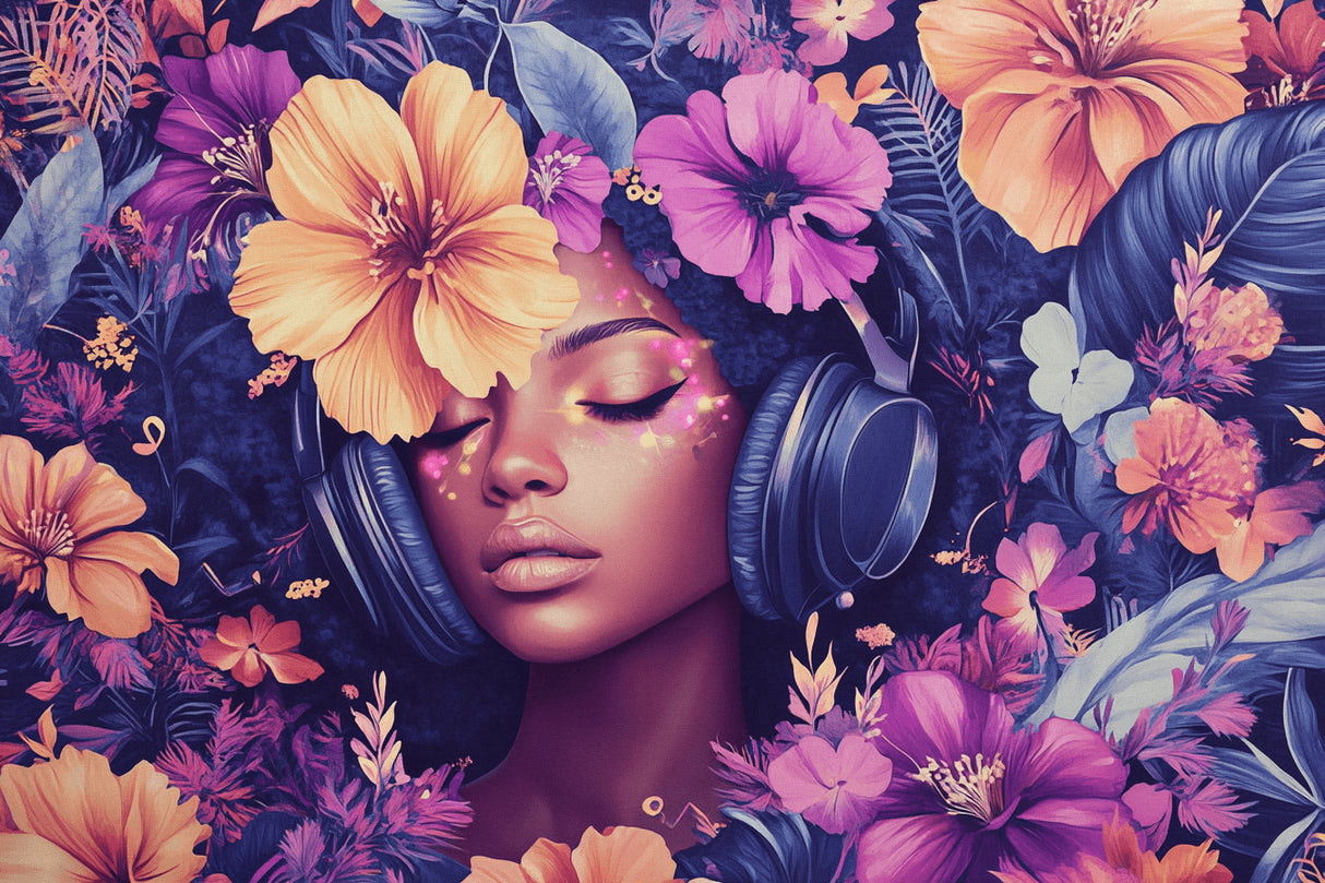 Tropical floral wallpaper design file showing detailed music theme and hibiscus pattern