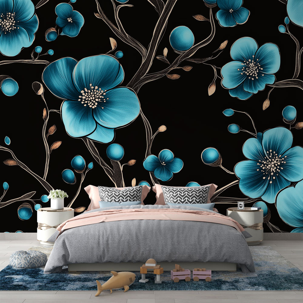 Turquoise Floral Wallpaper creating a stunning accent wall in a modern living room with gray furniture