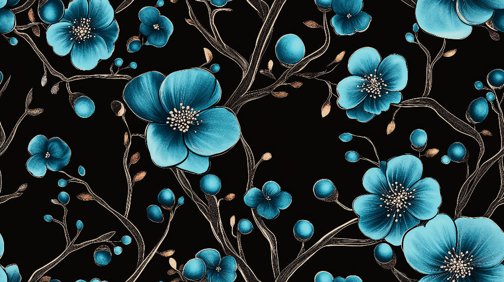 Black and turquoise floral wallpaper design file showing intricate bloom pattern and rich color detail