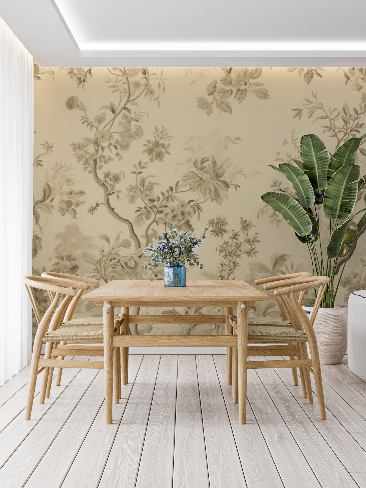 Beige Toile de Jouy wallpaper in a bright living room creating an elegant French country atmosphere