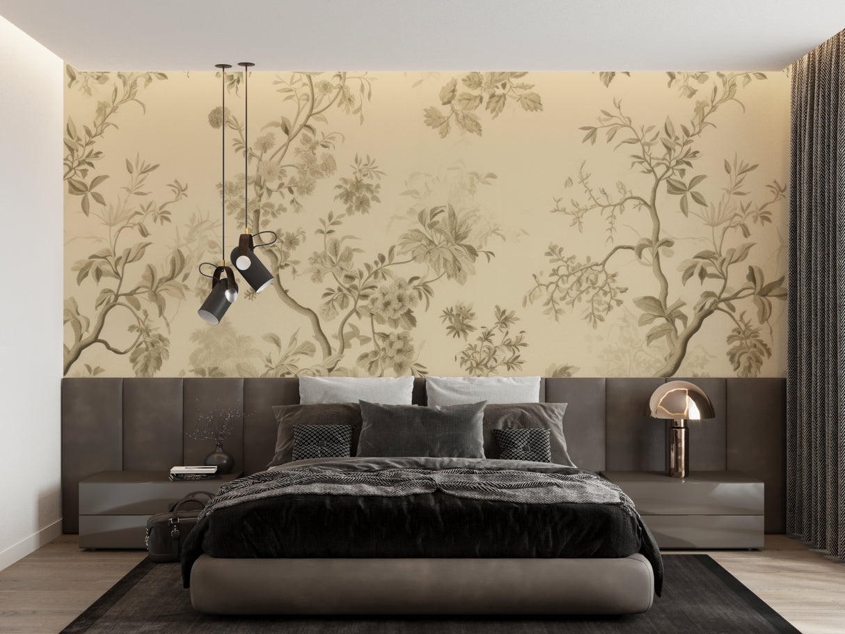 Classic Toile de Jouy pattern adorning a sophisticated dining room wall