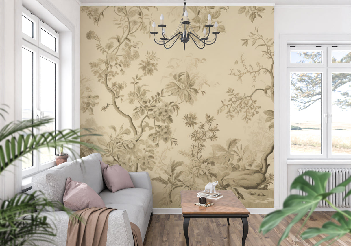 Beige floral wallpaper creating warmth in a modern home office setting