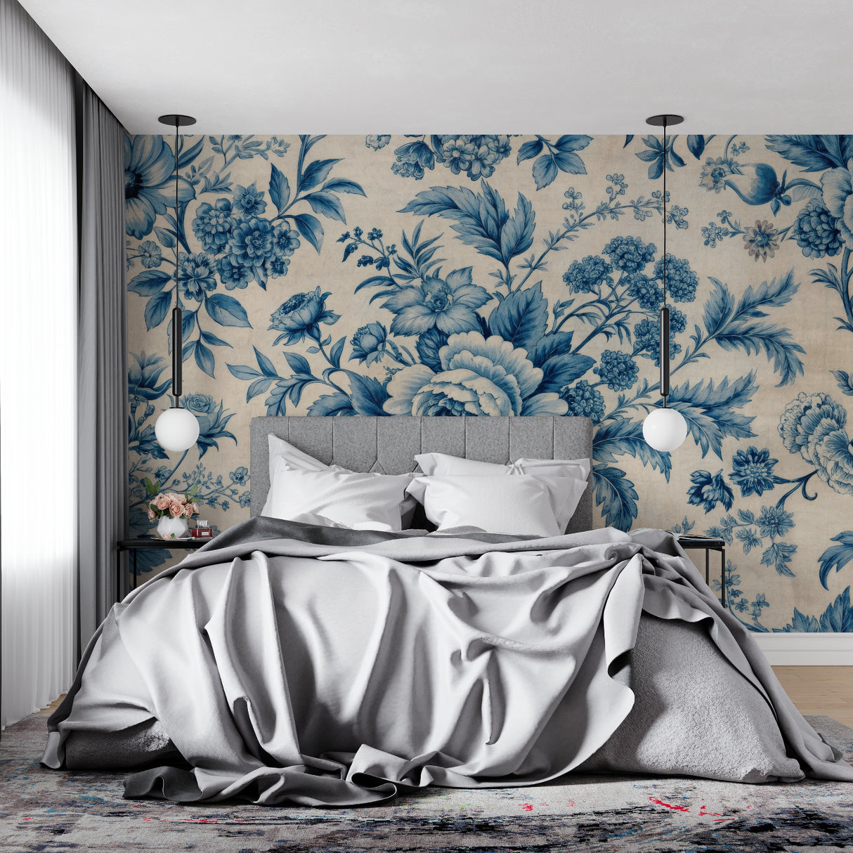 Blue and beige vintage floral wallpaper in a bright modern living room with white furniture
