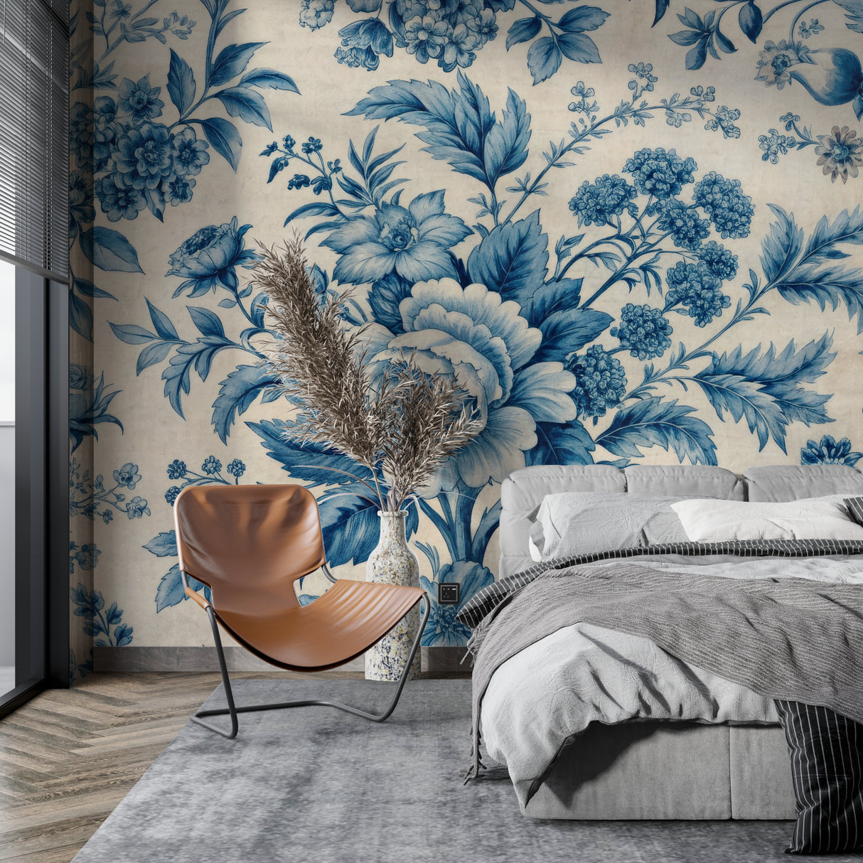 Elegant dining room featuring vintage floral wallpaper in blue and beige tones