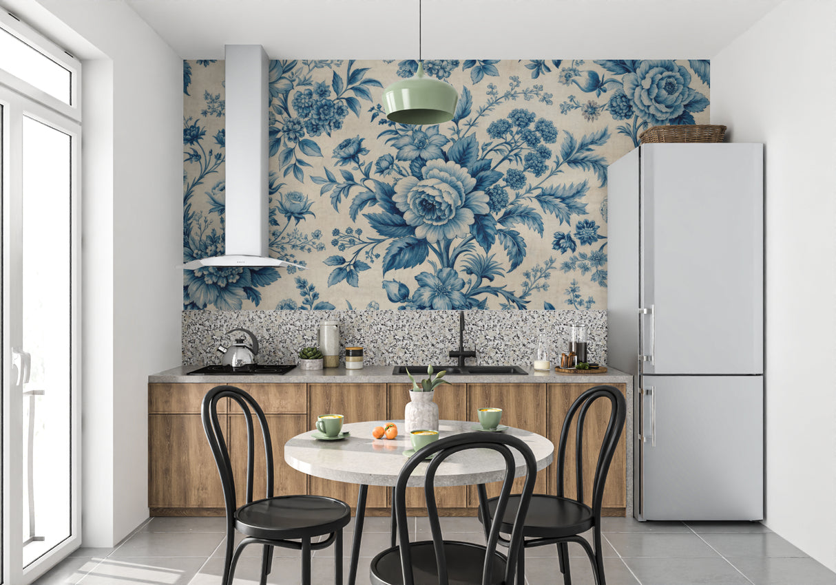 Master bedroom with soft blue floral wallpaper creating a peaceful atmosphere