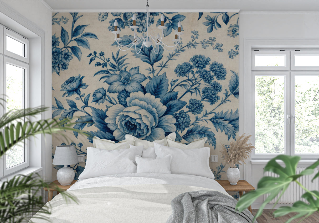 Home office space with vintage blue floral wallpaper adding sophistication