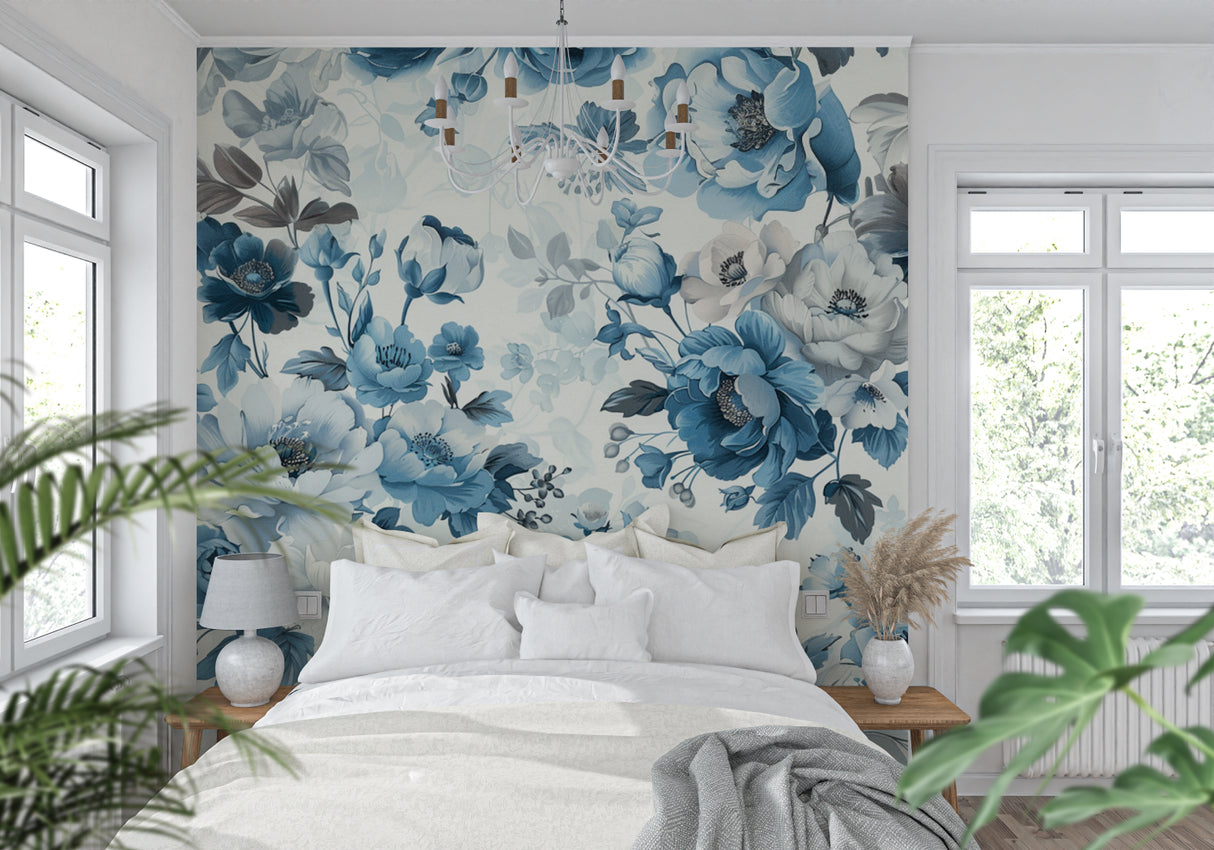 Blue and white floral wallpaper in bright modern living room with grey sofa
