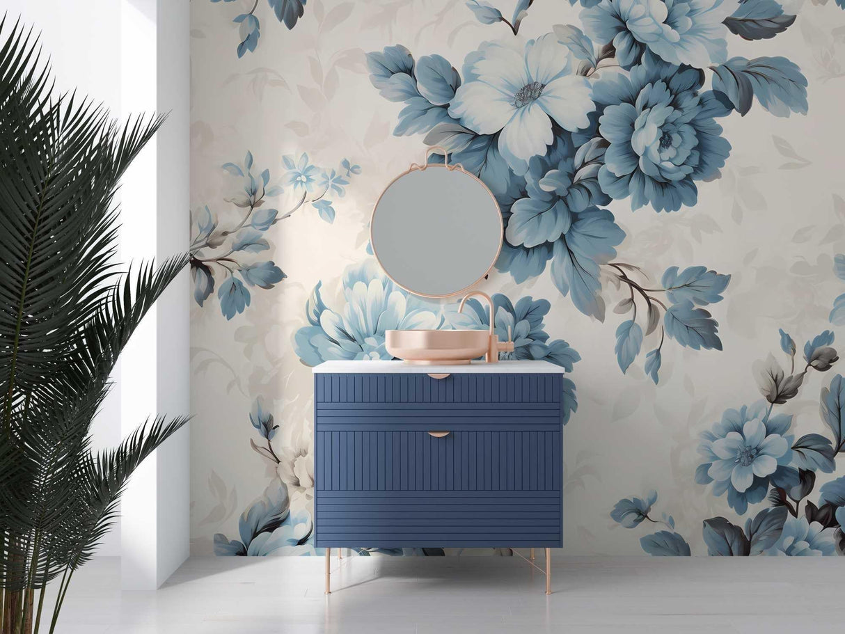 Vintage blue flower mural wallpaper in cozy master bedroom setting
