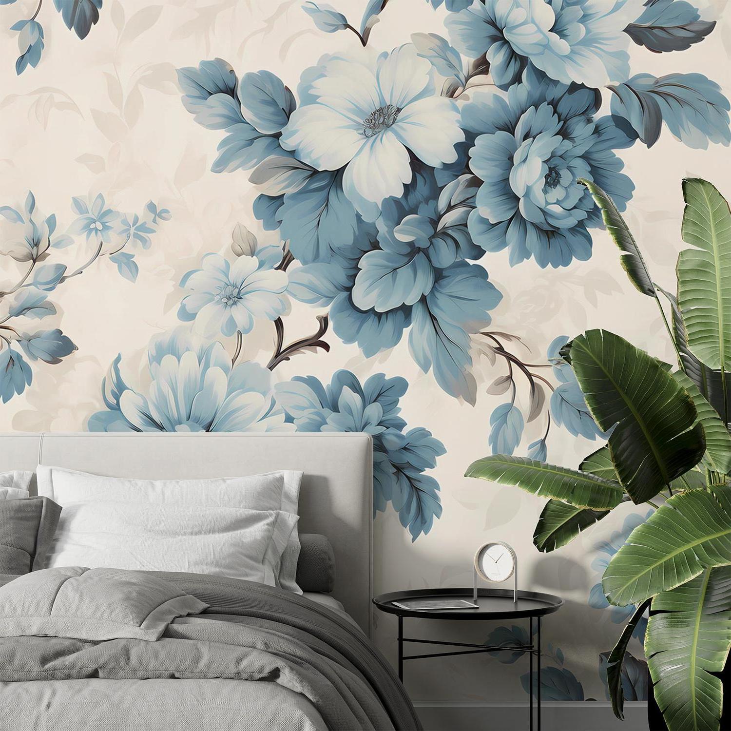 Blue and cream floral wallpaper creating elegant dining room backdrop