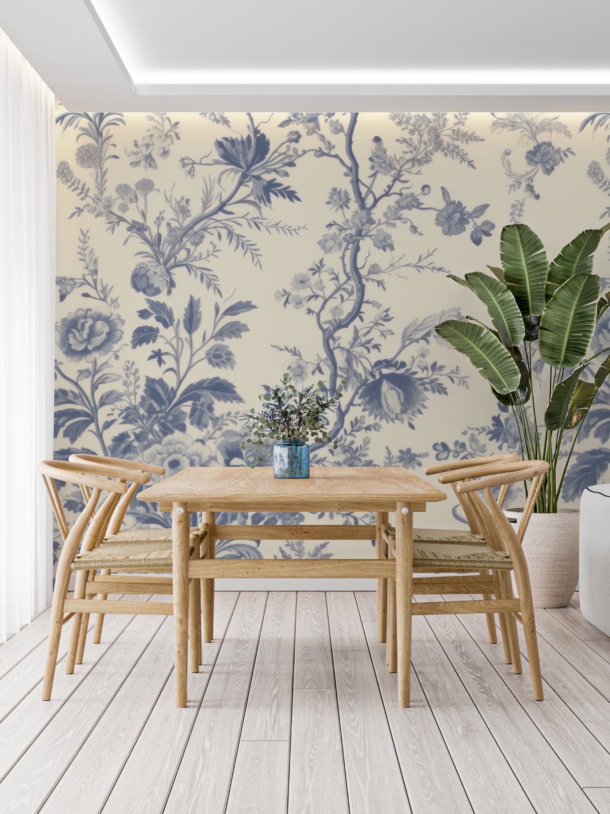 French style floral wallpaper creating a statement wall in a home office
