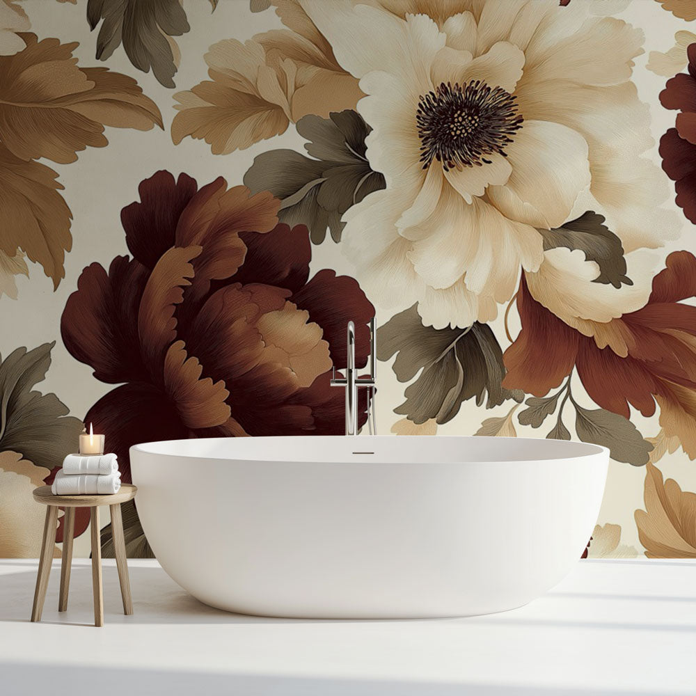 Burgundy floral wallpaper mural styled in a modern dining room with natural light showing the rich bloom details