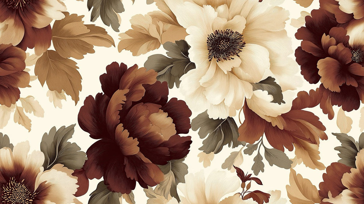 Large burgundy and cream floral wallpaper design file showing intricate flower pattern detail