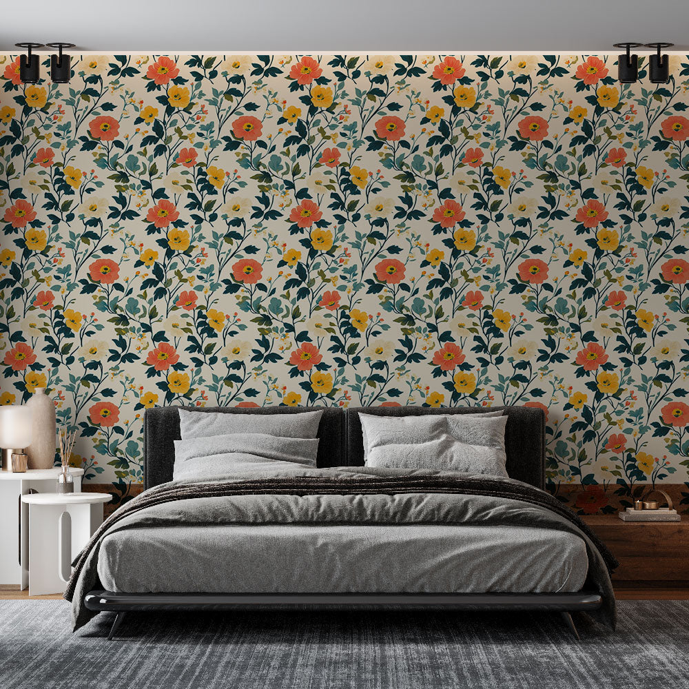 Vintage Floral Wallpaper with coral and yellow blooms creating a bright, welcoming atmosphere in a modern living room setting