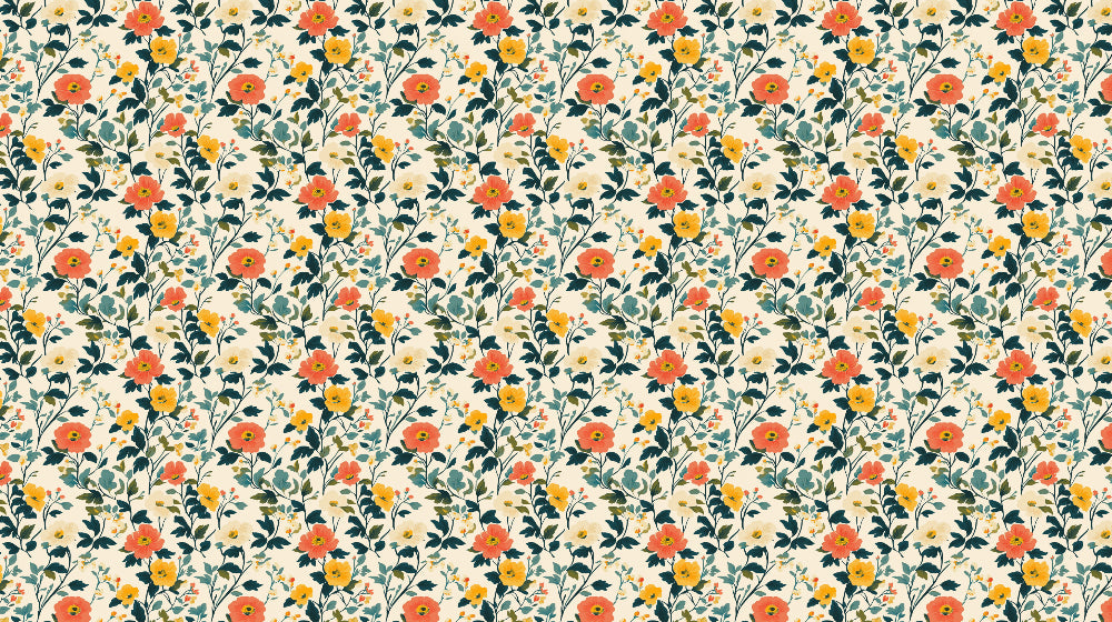 Coral and yellow floral wallpaper design file showing detailed vintage bloom pattern and rich emerald foliage