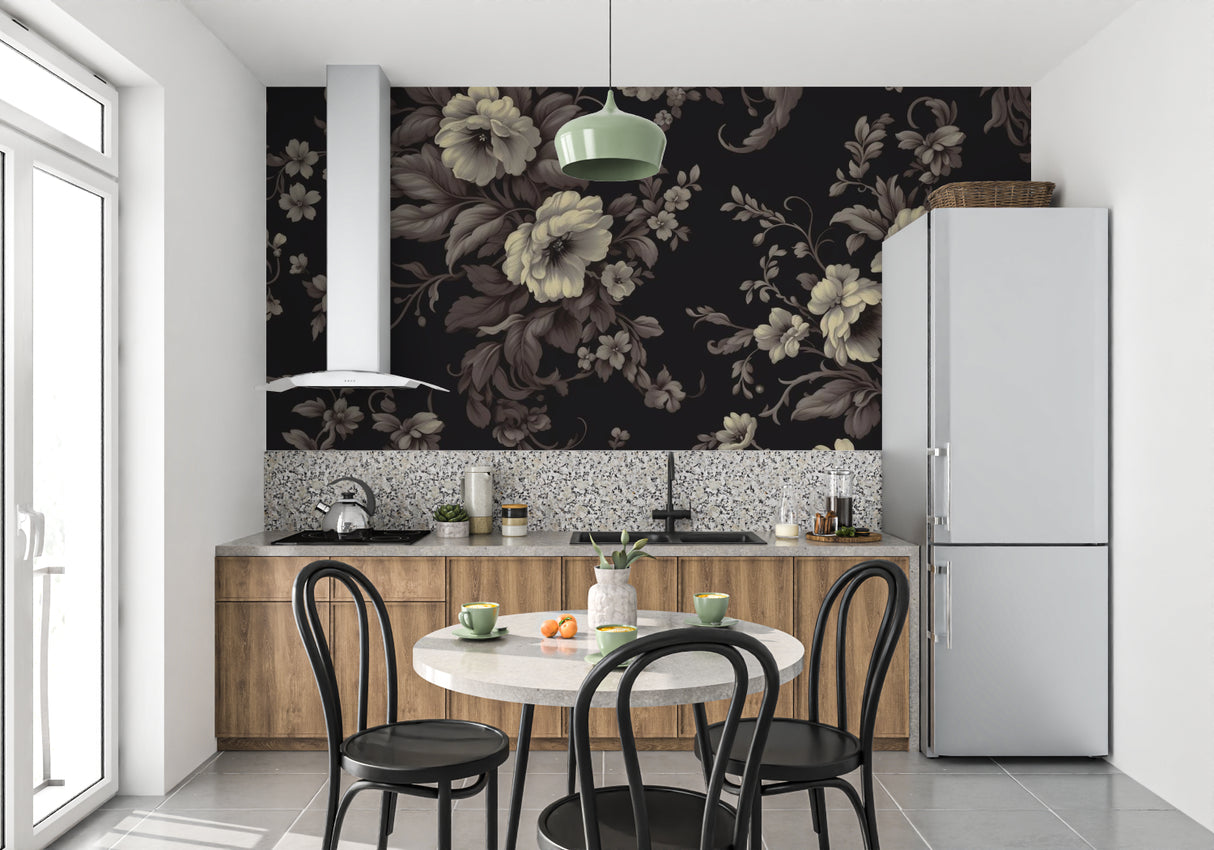 Vintage floral mural in hallway showing scale and detail