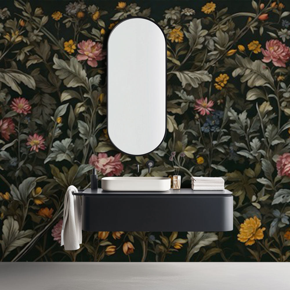 Dark floral wallpaper with pink roses creating a cozy atmosphere in a modern living room setting