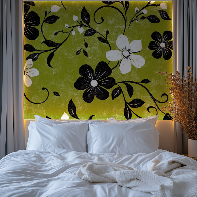 Botanical wallpaper creating dramatic accent wall in master bedroom