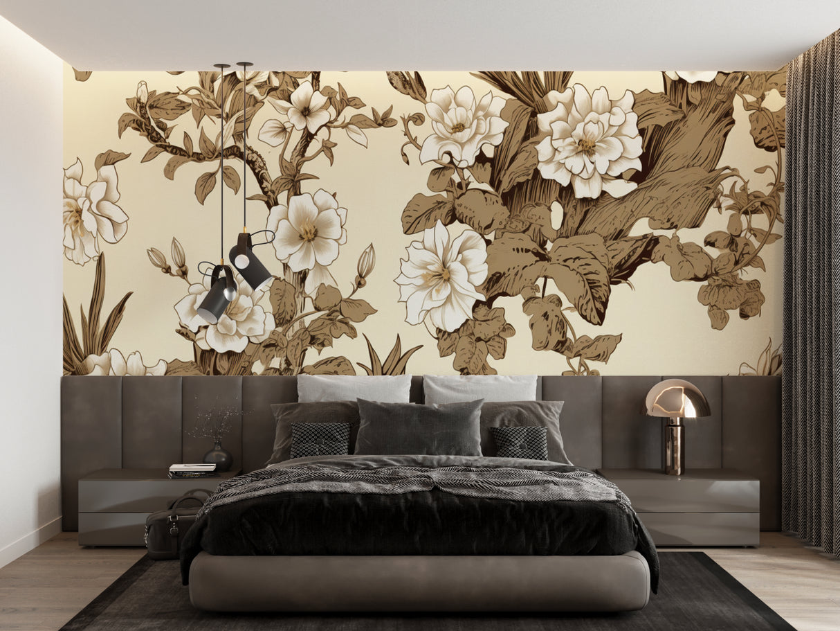 Japanese floral wallpaper in a bright living room setting, showing elegant toile pattern against white furniture