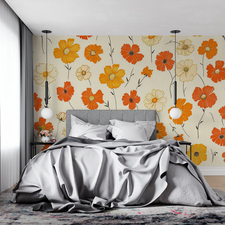 Orange and cream cosmos floral wallpaper in bright modern living room setting with natural light