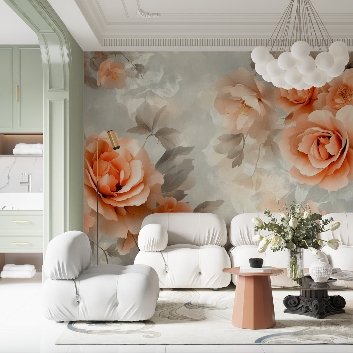 Vintage peach rose wallpaper mural in cozy master bedroom showing soft grey leaves