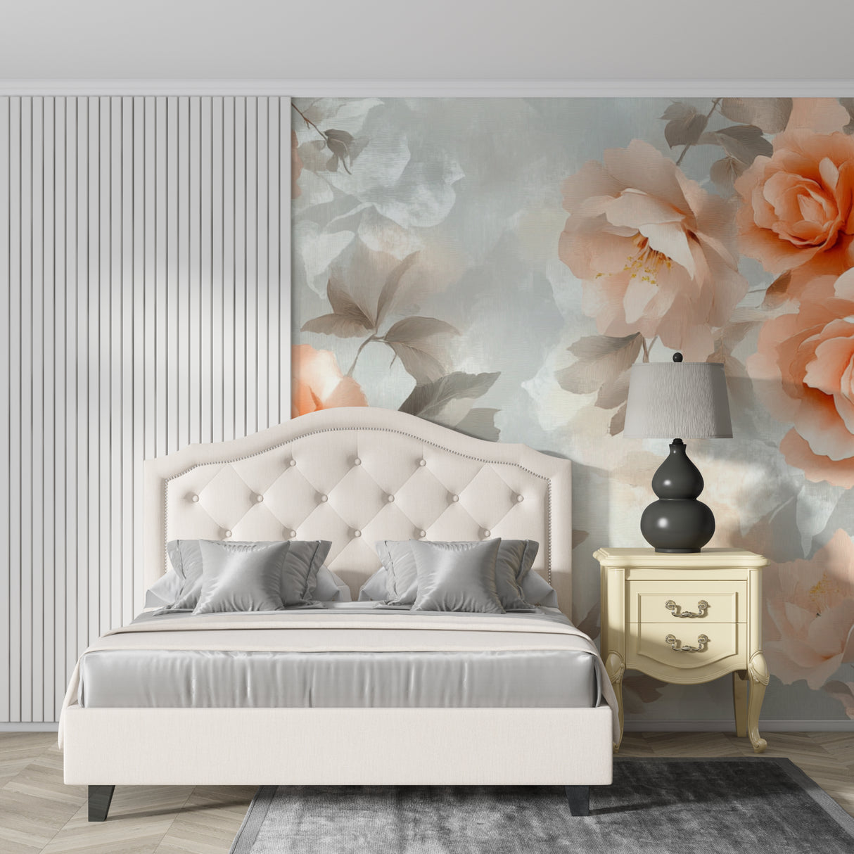 Floral wall mural with peach roses in modern living room setting