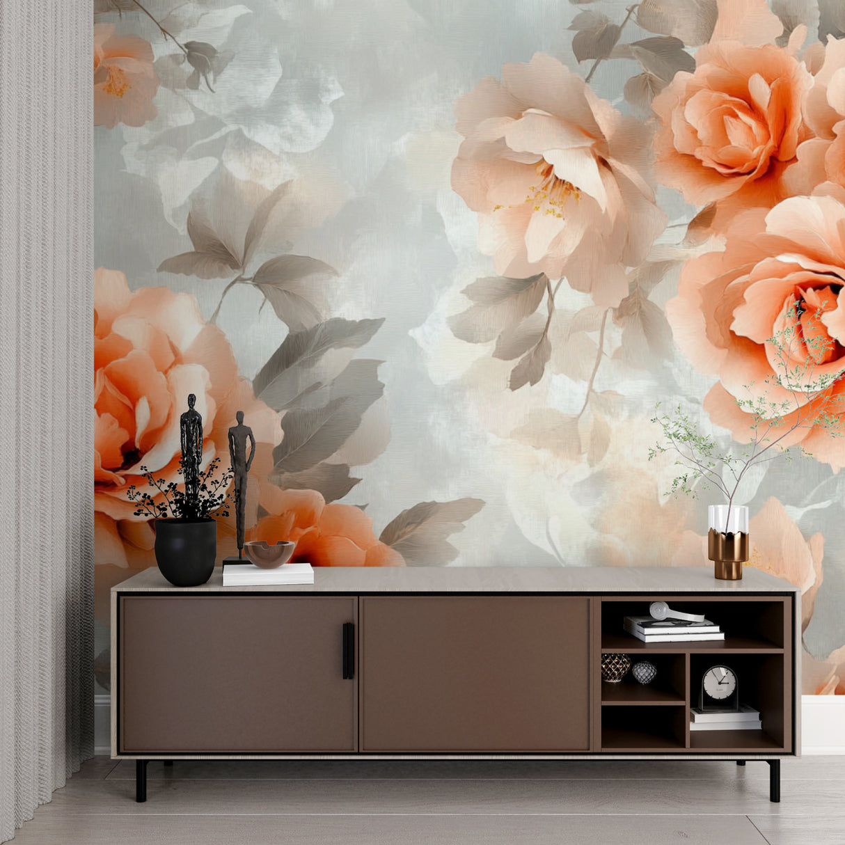 Rose wallpaper mural in dining room showing full wall application