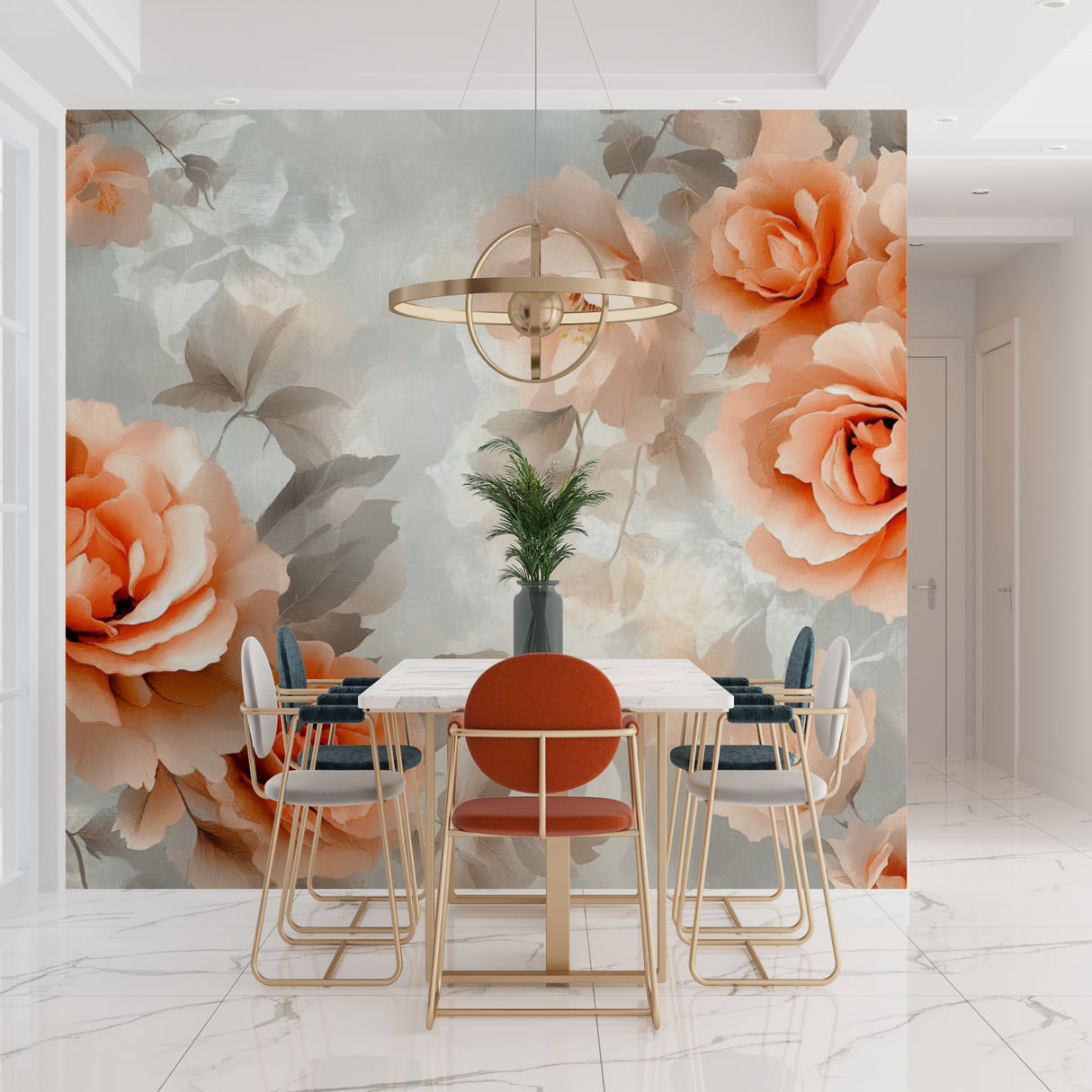 Peach rose mural wallpaper in home office with natural lighting