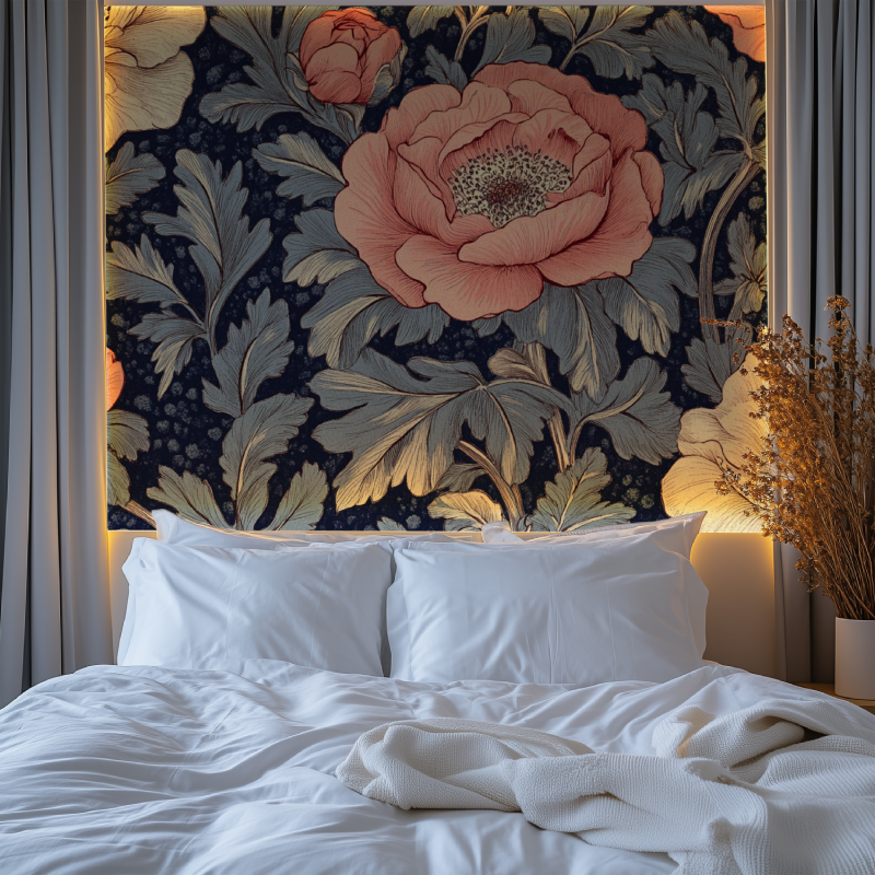Navy and coral peony wallpaper enhancing powder room with gold fixtures