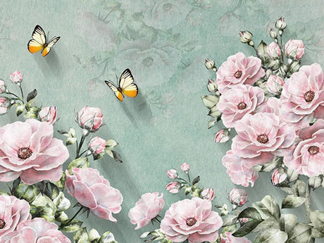 Design file of vintage pink roses and butterflies pattern on sage green background