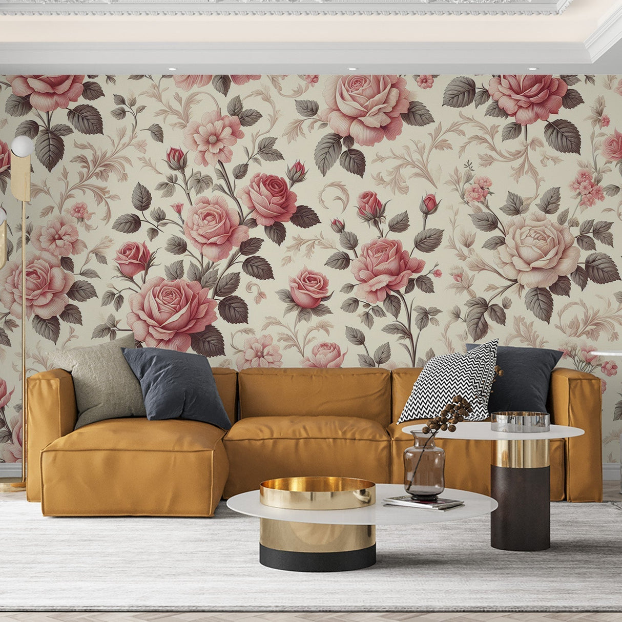 Pink rose floral wallpaper in a bright master bedroom, showing vintage-style roses and grey leaves creating a romantic atmosphere