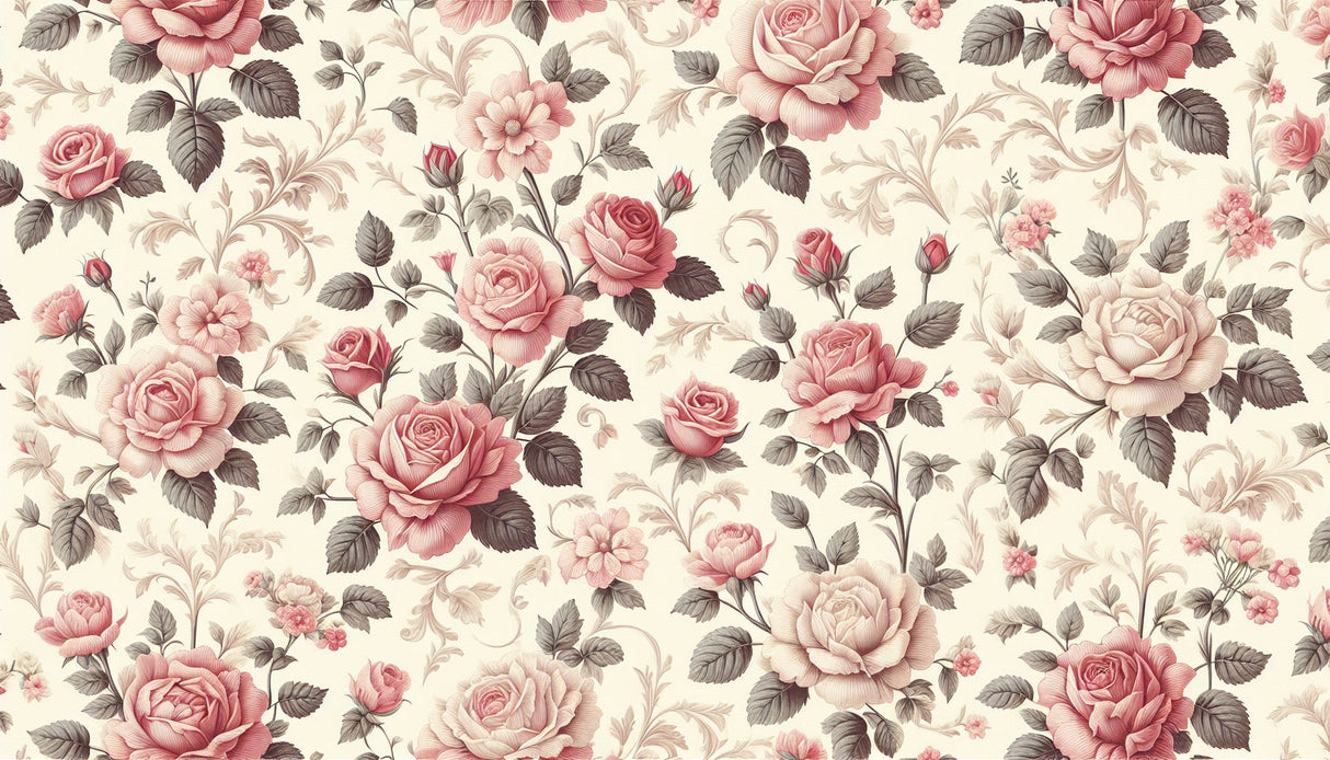 Vintage pink roses and grey leaves wallpaper design file showing detailed floral pattern