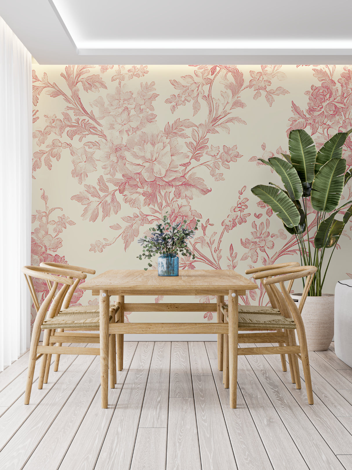 Pink floral wall mural brightening modern living room space
