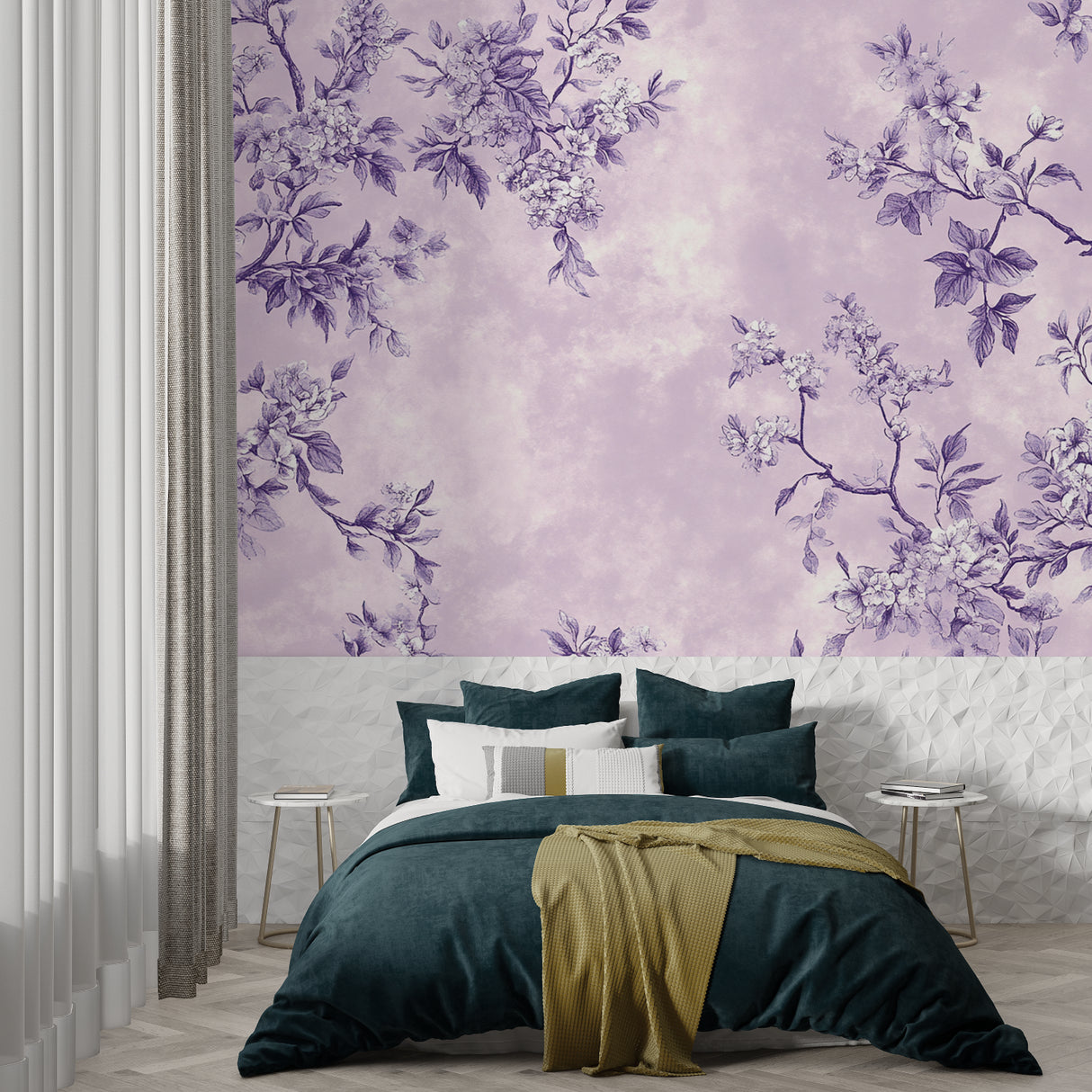 Purple floral wallpaper bringing elegance to a modern living room with soft lighting