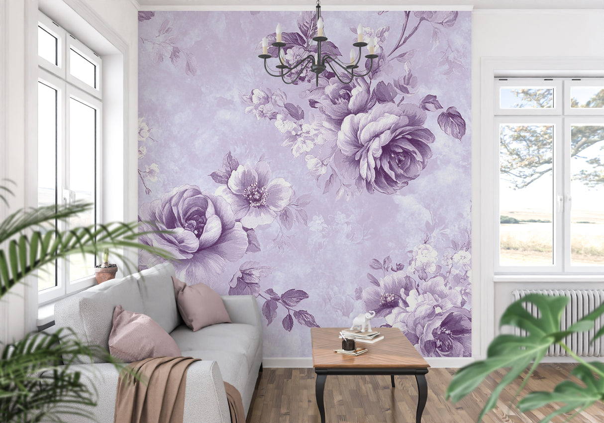 Purple rose wallpaper mural in a bright master bedroom creating an elegant accent wall